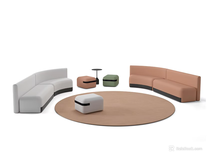 Modern Curved Sofa Set With White Orange Sofas Green Brown Ottomans Round Carpet And Small Table 3d model