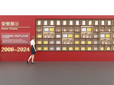 Honor Display Wall With Certificates From 2008 To 2024 And Person Walking By 3d model