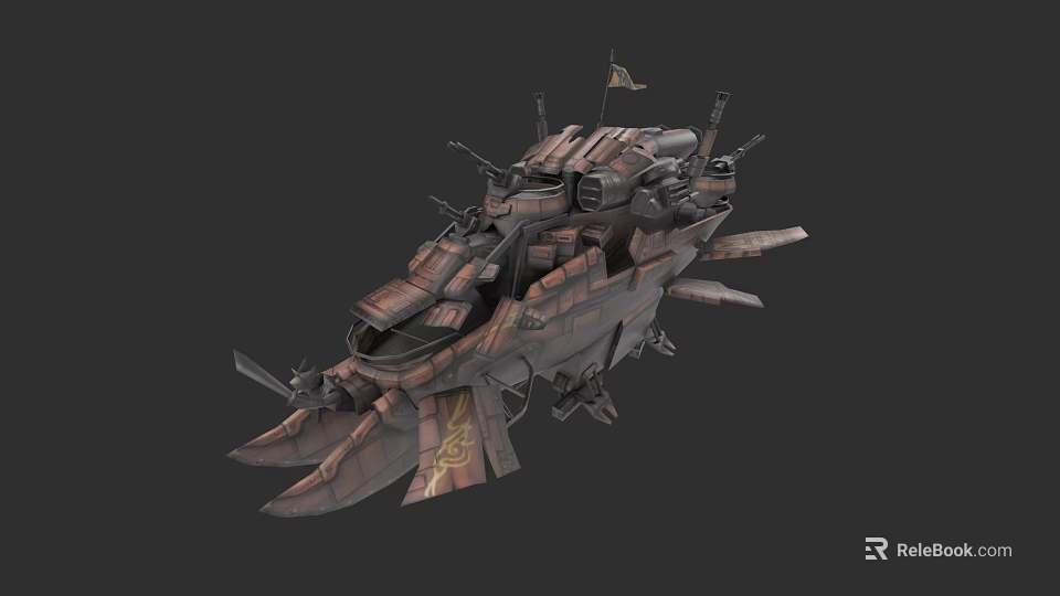 Steampunk Airship With Mechanical Structure Armored Plates And Turret Weapons 3d model 