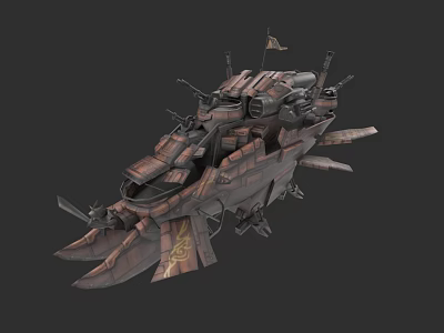 Steampunk Airship With Mechanical Structure Armored Plates And Turret Weapons 3d model