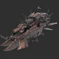 Steampunk Airship With Mechanical Structure Armored Plates And Turret Weapons