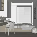 Tatami Bedroom Interior Design with Writing Desk Chair Roller Blinds and Wall Art