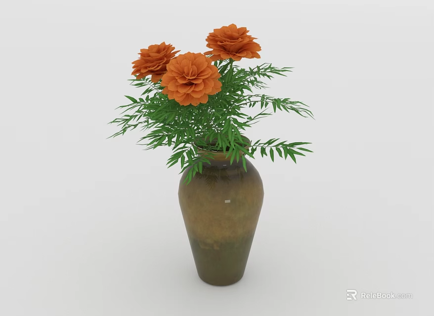 Brown Ceramic Vase With Orange Flowers And Green Leaves For Home Decor 3d model 