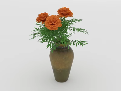 Brown Ceramic Vase With Orange Flowers And Green Leaves For Home Decor 3d model
