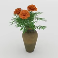 Brown Ceramic Vase With Orange Flowers And Green Leaves For Home Decor