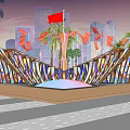 Creative Outdoor Pergola With Geometric Wooden Frame And Colorful Glass Panels
