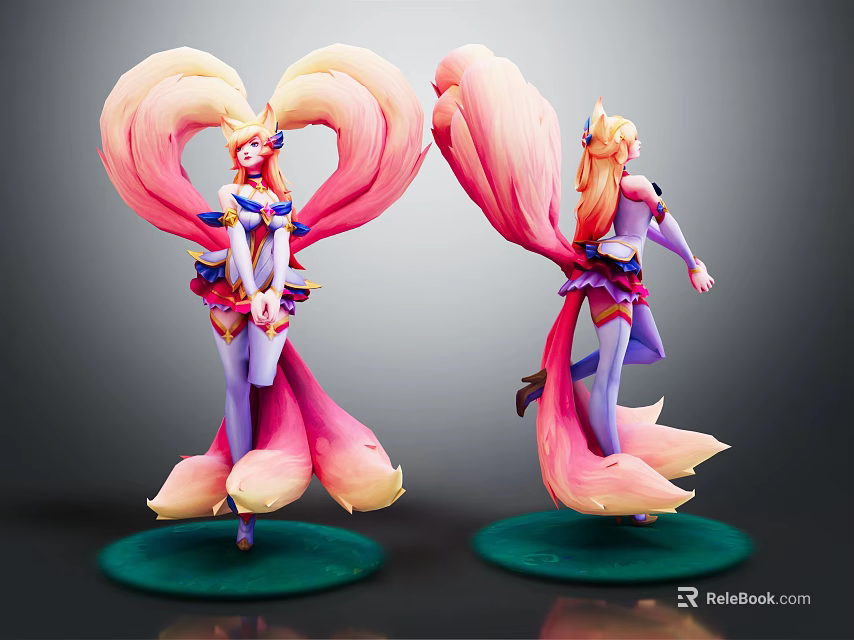 Anime Character Statues With Long Pink Yellow Hair And Fox Tails On Green Base Stands 3d model 