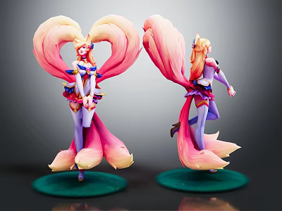 Anime Character Statues With Long Pink Yellow Hair And Fox Tails On Green Base Stands 3d model