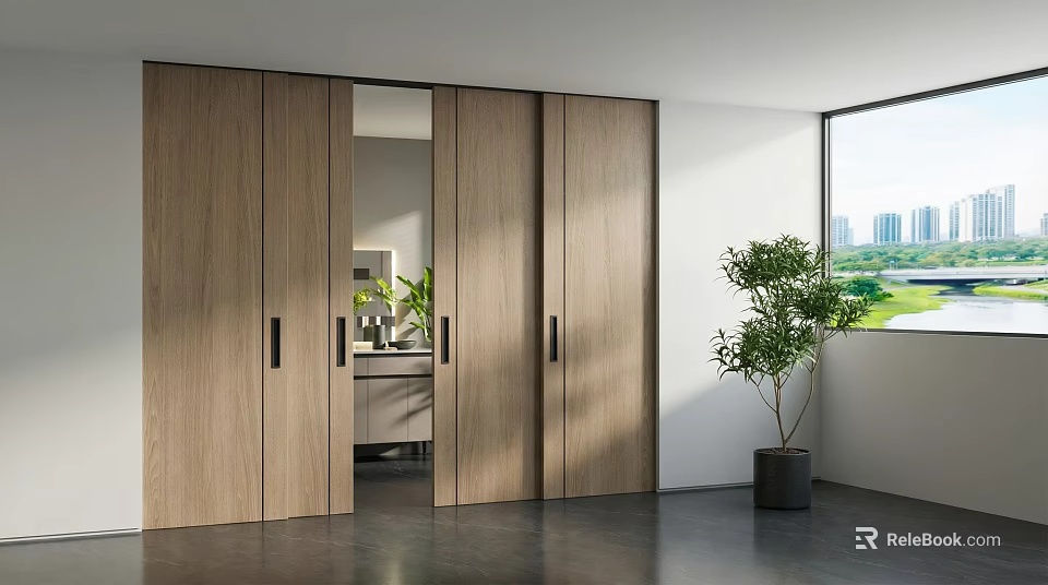 Modern Light Wood Sliding Doors Open In Bright Interior With Green Plant And Window 3d model 