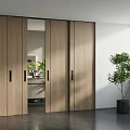 Modern Light Wood Sliding Doors Open In Bright Interior With Green Plant And Window