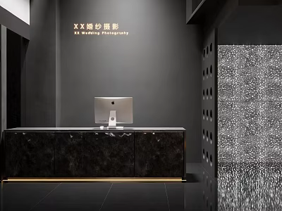 Modern Bridal Shop Interior With Dark Reception Counter Gold Signage And Textured Wall 3d model