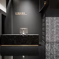 Modern Bridal Shop Interior With Dark Reception Counter Gold Signage And Textured Wall