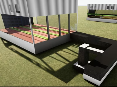 Modern Garden Landscape Design With Green Grass Geometric Structures And Glass Railings 3d model