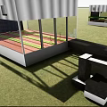 Modern Garden Landscape Design With Green Grass Geometric Structures And Glass Railings