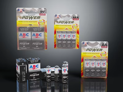 ABC Rayfire Power Batteries in AA AAA Sizes with Packaging 3d model