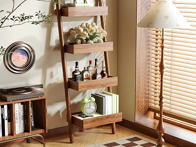 Modern Wooden Ladder Shelf In Living Room With Decorative Plants Books And Bottles 3d model