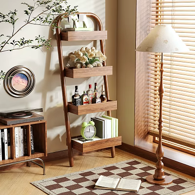 Modern Wooden Ladder Shelf In Living Room With Decorative Plants Books And Bottles 3d model