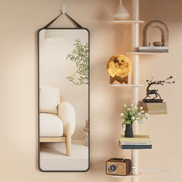 Black Mirror In Cozy Living Room With Beige Sofa Green Plant Moon Lamp Deer Ornament 3d model 