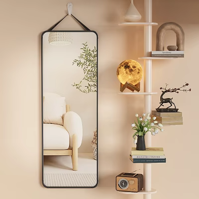 Black Mirror In Cozy Living Room With Beige Sofa Green Plant Moon Lamp Deer Ornament 3d model