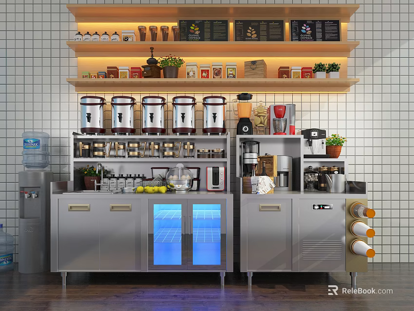 Functional Commercial Stainless Steel Kitchen Operation Table with Storage Shelves and Coffee Machine 3d model 