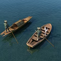 Traditional Wooden Boats On Calm Water With People Rowing And Oars