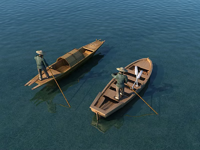 Traditional Wooden Boats On Calm Water With People Rowing And Oars 3d model