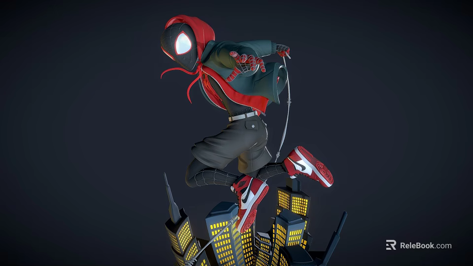 Spider Man Leaping Over City Buildings With Red Black Suit Mask And Yellow Lights 3d model 