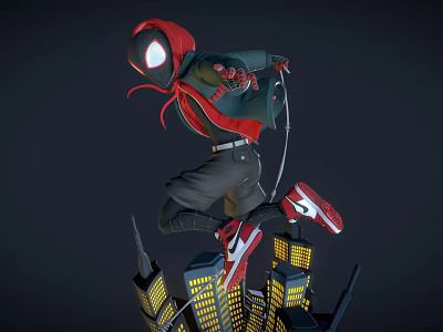 Spider Man Leaping Over City Buildings With Red Black Suit Mask And Yellow Lights 3d model