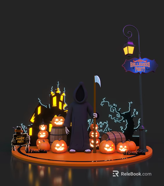 Halloween Party Scene With Reaper Pumpkin Lanterns Stacked Pumpkins Barrels And Street Lamp 3d model 