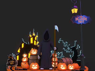 Halloween Party Scene With Reaper Pumpkin Lanterns Stacked Pumpkins Barrels And Street Lamp 3d model