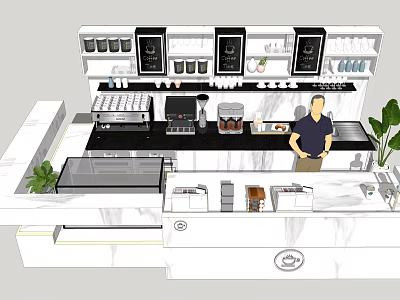 Functional Coffee Shop Counter With Marble Top Coffee Machine Display Shelves And Green Plant 3d model