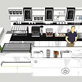 Functional Coffee Shop Counter With Marble Top Coffee Machine Display Shelves And Green Plant
