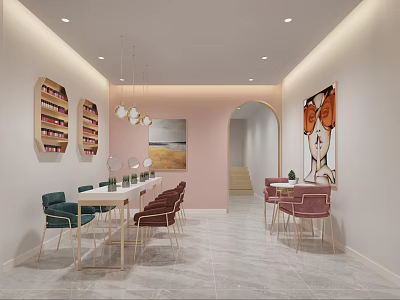 Beauty and Hair Salon Elegant Interior with Colorful Chairs Wall Product Shelves Hanging Lights Mirrors 3d model