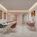 Beauty and Hair Salon Elegant Interior with Colorful Chairs Wall Product Shelves Hanging Lights Mirrors