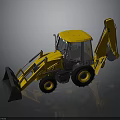 Yellow Backhoe Loader With Front Bucket Rear Digging Arm And Cab