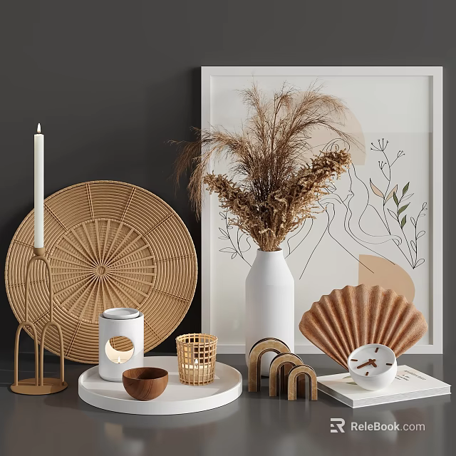 Natural Decorative Ornament Combination With Dried Pampas Grass Woven Fan Wooden Bowls And Ceramic Vase 3d model 