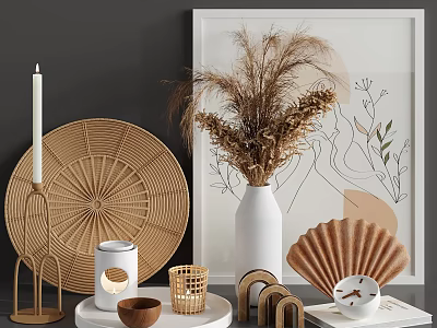 Natural Decorative Ornament Combination With Dried Pampas Grass Woven Fan Wooden Bowls And Ceramic Vase 3d model