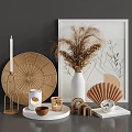 Natural Decorative Ornament Combination With Dried Pampas Grass Woven Fan Wooden Bowls And Ceramic Vase