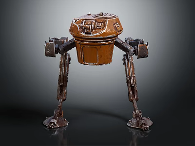 Robotic Character With Barrel Shaped Body And Four Mechanical Legs In Industrial Metallic Style 3d model