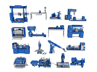 Various Blue Industrial Equipment Models Including Lathe Milling Machine And Crane 3d model
