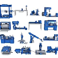 Various Blue Industrial Equipment Models Including Lathe Milling Machine And Crane