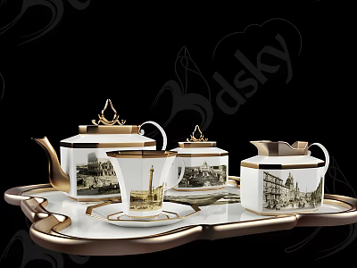 Elegant White Tea Set With Gold Trim Teapot Teacup Milk Jug Sugar Bowl And Tray 3d model