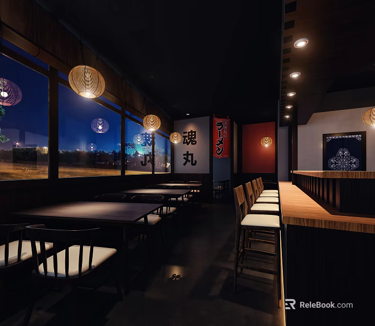 Japanese Restaurant Interior With Wooden Seating Lanterns Bar Counter And Night View Windows 3d model 
