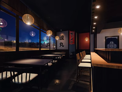 Japanese Restaurant Interior With Wooden Seating Lanterns Bar Counter And Night View Windows 3d model
