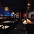 Japanese Restaurant Interior With Wooden Seating Lanterns Bar Counter And Night View Windows