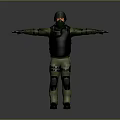 3D Tactical Operator Model In Green Uniform With Helmet Mask And Tactical Vest Arms Outstretched