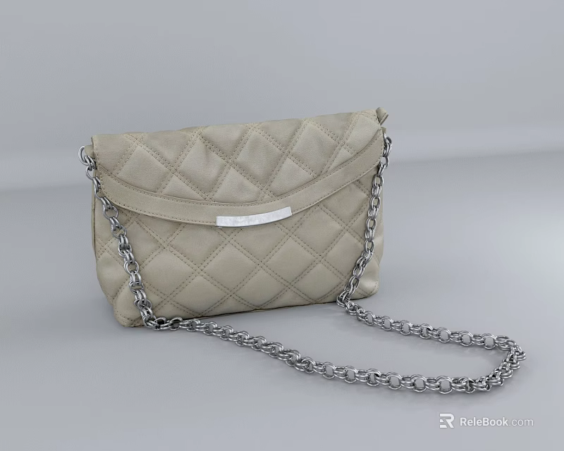 Stylish Beige Quilted Shoulder Bag With Chain Strap And Metal Plate 3d model 