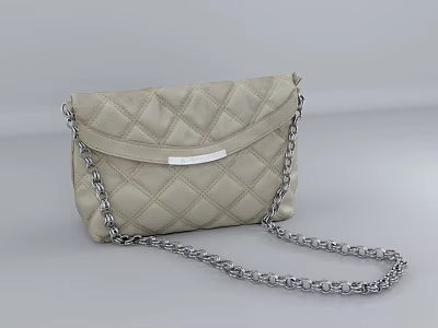 Stylish Beige Quilted Shoulder Bag With Chain Strap And Metal Plate 3d model