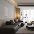Modern Minimalist Living Room Interior With Gray Sofa Round Coffee Table TV And Large Windows