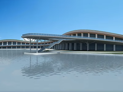 Modern Museum Building with Curved Roof Connecting Skybridge and Water Reflection Against Blue Sky Background 3d model